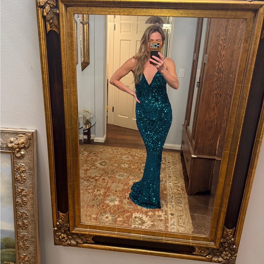Baltic Born Teal Sequin V-Neck Mermaid Gown - Picture 2 of 12